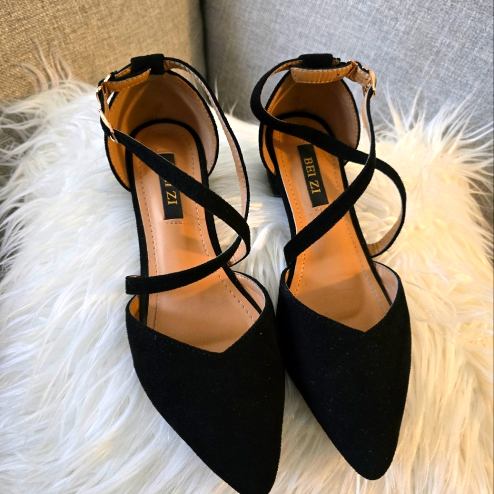 SOLD Black Pointed Toe Heels with Strappy Details